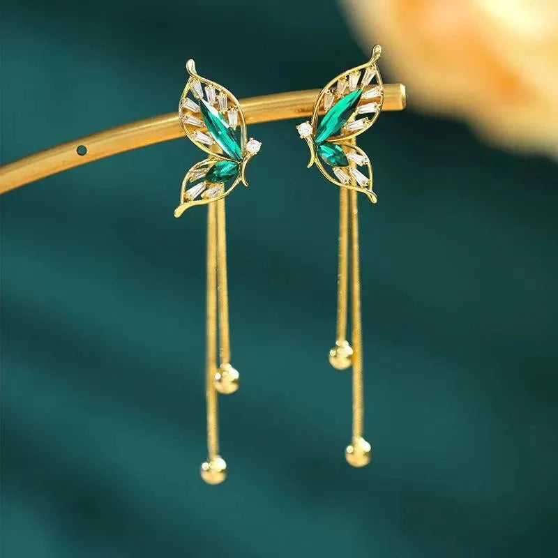 Dainty Emerald Butterfly Dangle Earrings - Aryomi