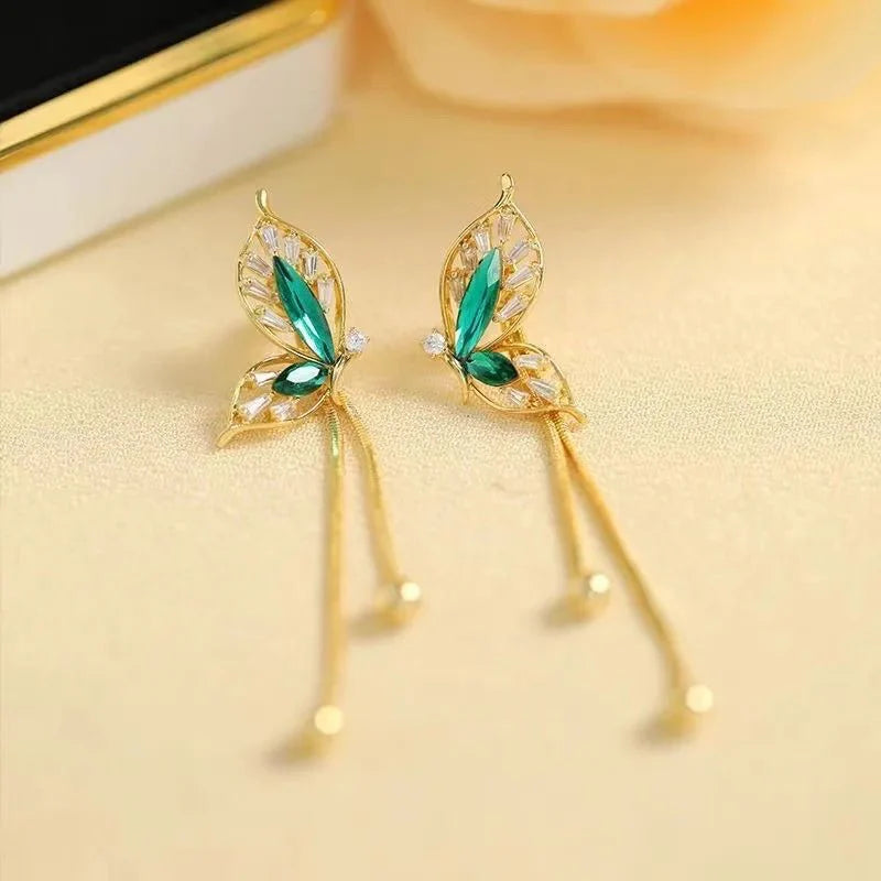 Dainty Emerald Butterfly Dangle Earrings - Aryomi