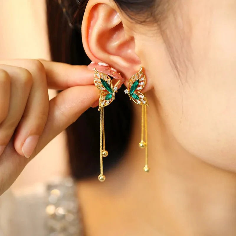 Dainty Emerald Butterfly Dangle Earrings - Aryomi