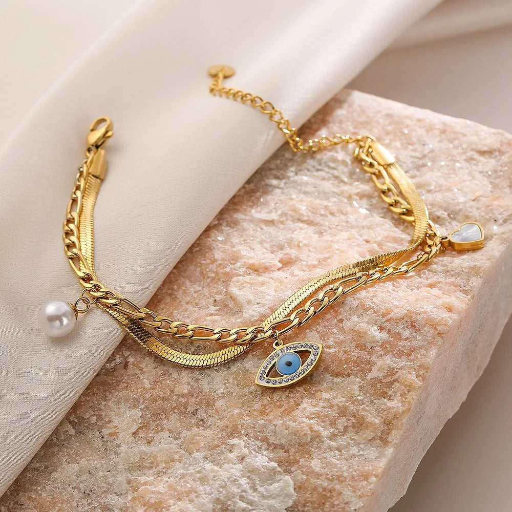 Dainty Evil Eye Herringbone & Figaro Chain Bracelet - Aryomi