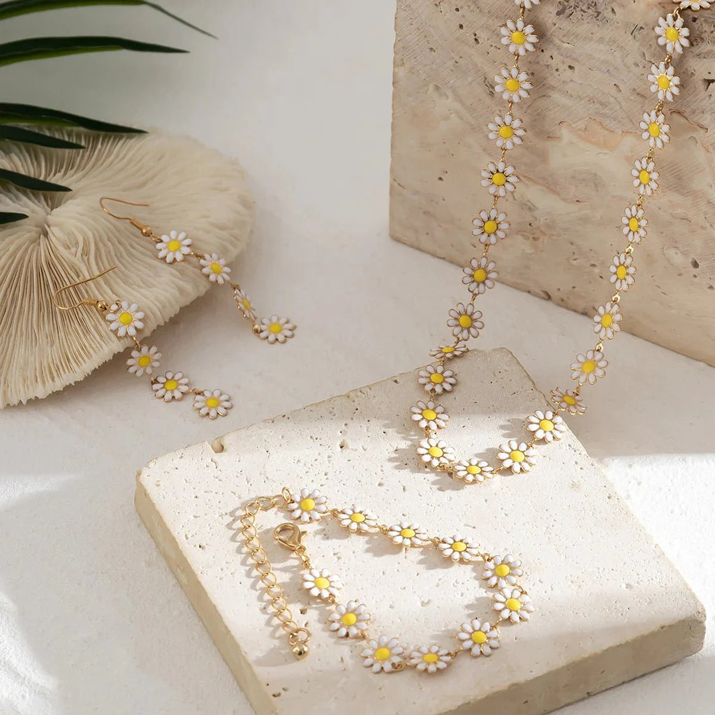 Dainty Floral Daisy Choker Necklace, Bracelet, and Earrings Set - Aryomi