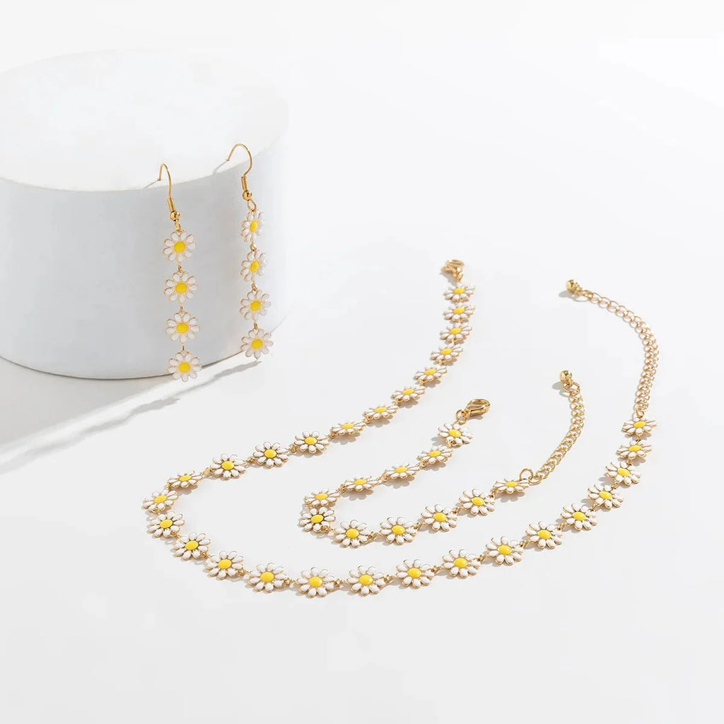 Dainty Floral Daisy Choker Necklace, Bracelet, and Earrings Set - Aryomi