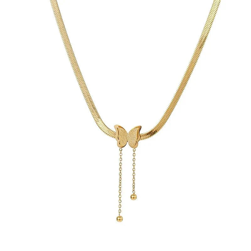 Dainty Herringbone Butterfly Dangle Necklace - Aryomi