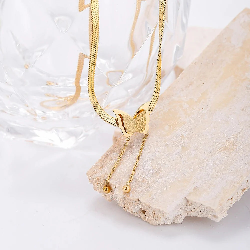 Dainty Herringbone Butterfly Dangle Necklace - Aryomi