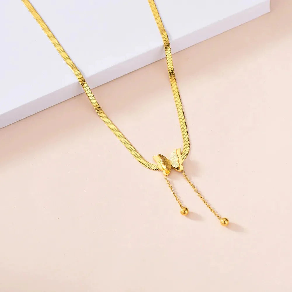 Dainty Herringbone Butterfly Dangle Necklace - Aryomi