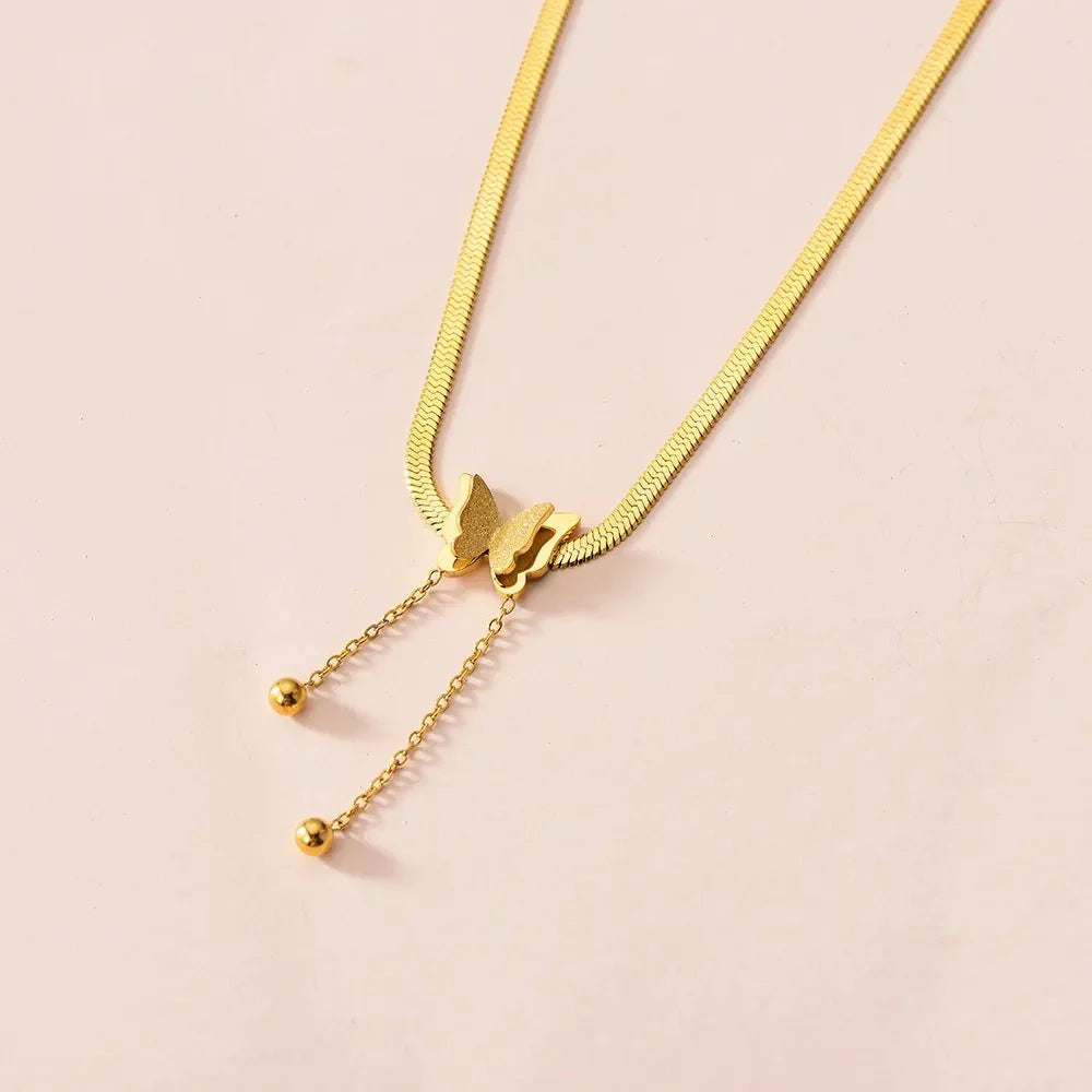 Dainty Herringbone Butterfly Dangle Necklace - Aryomi