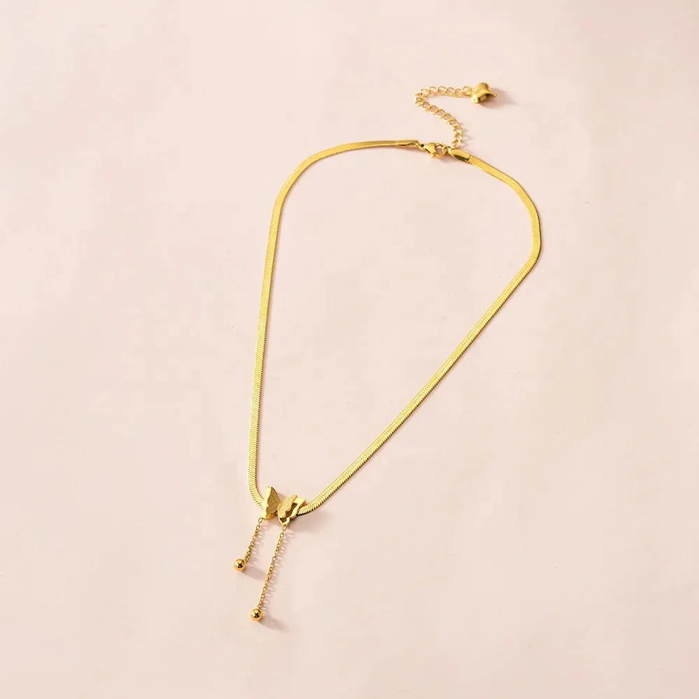 Dainty Herringbone Butterfly Dangle Necklace - Aryomi