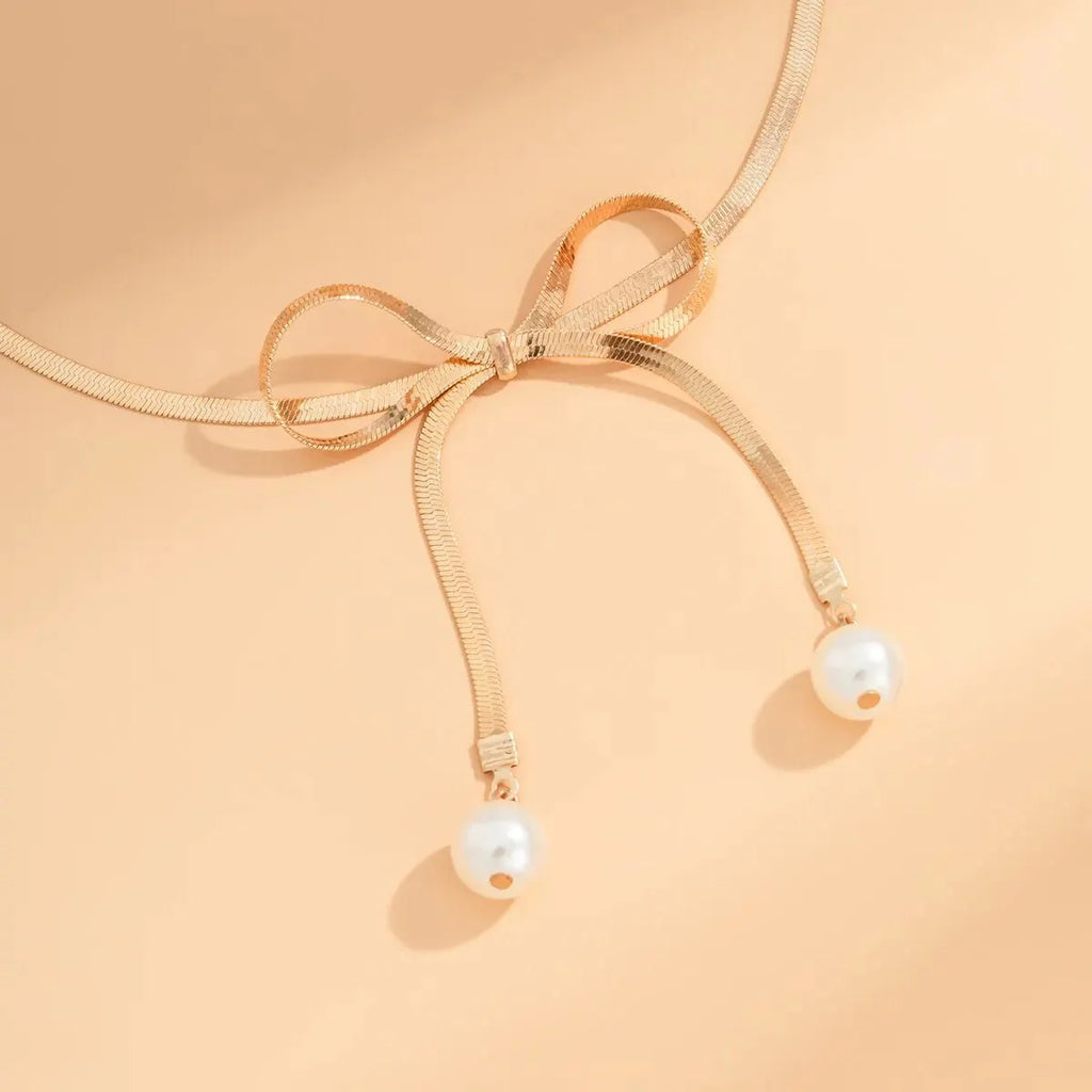 Dainty Herringbone Pearl Bow Necklace - Aryomi