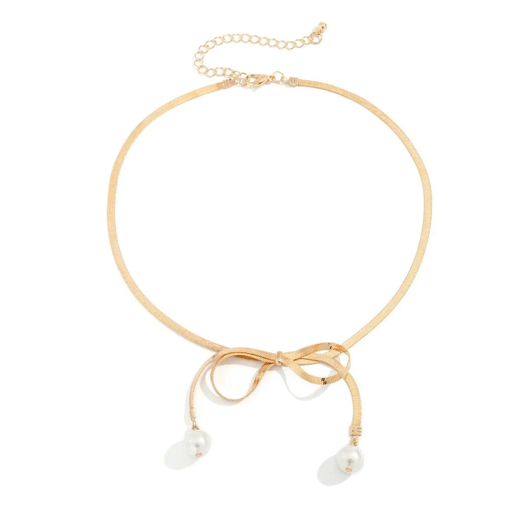 Dainty Herringbone Pearl Bow Necklace - Aryomi