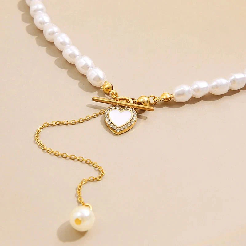 Dainty Pearl Drop Heart Clasp Choker Necklace - Aryomi