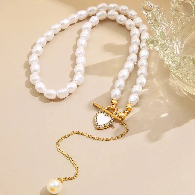 Dainty Pearl Drop Heart Clasp Choker Necklace - Aryomi