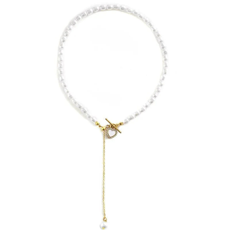 Dainty Pearl Drop Heart Clasp Choker Necklace - Aryomi