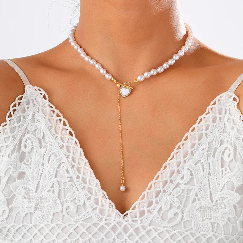 Dainty Pearl Drop Heart Clasp Choker Necklace - Aryomi
