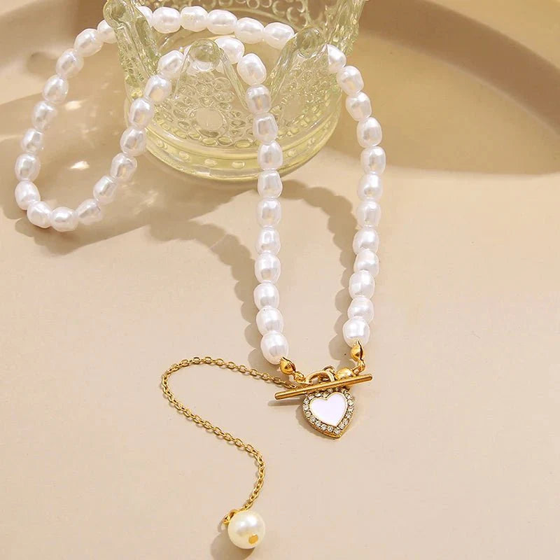 Dainty Pearl Drop Heart Clasp Choker Necklace - Aryomi