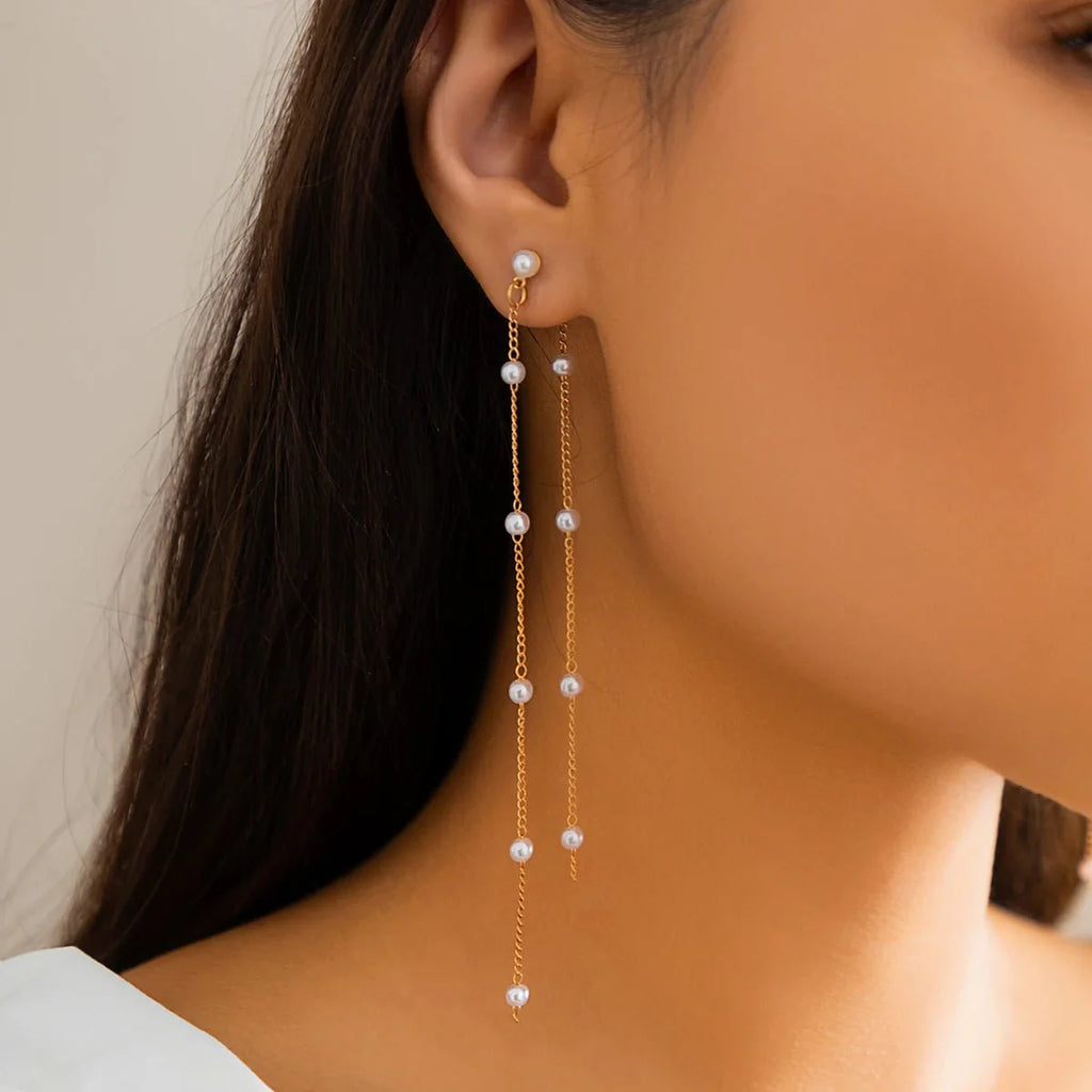 Dainty Pearl Long Tassel Earrings - Aryomi