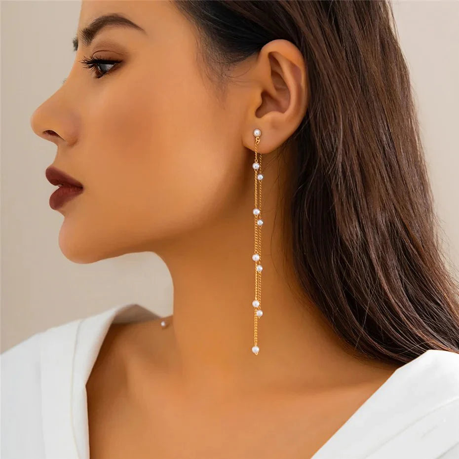 Dainty Pearl Long Tassel Earrings - Aryomi