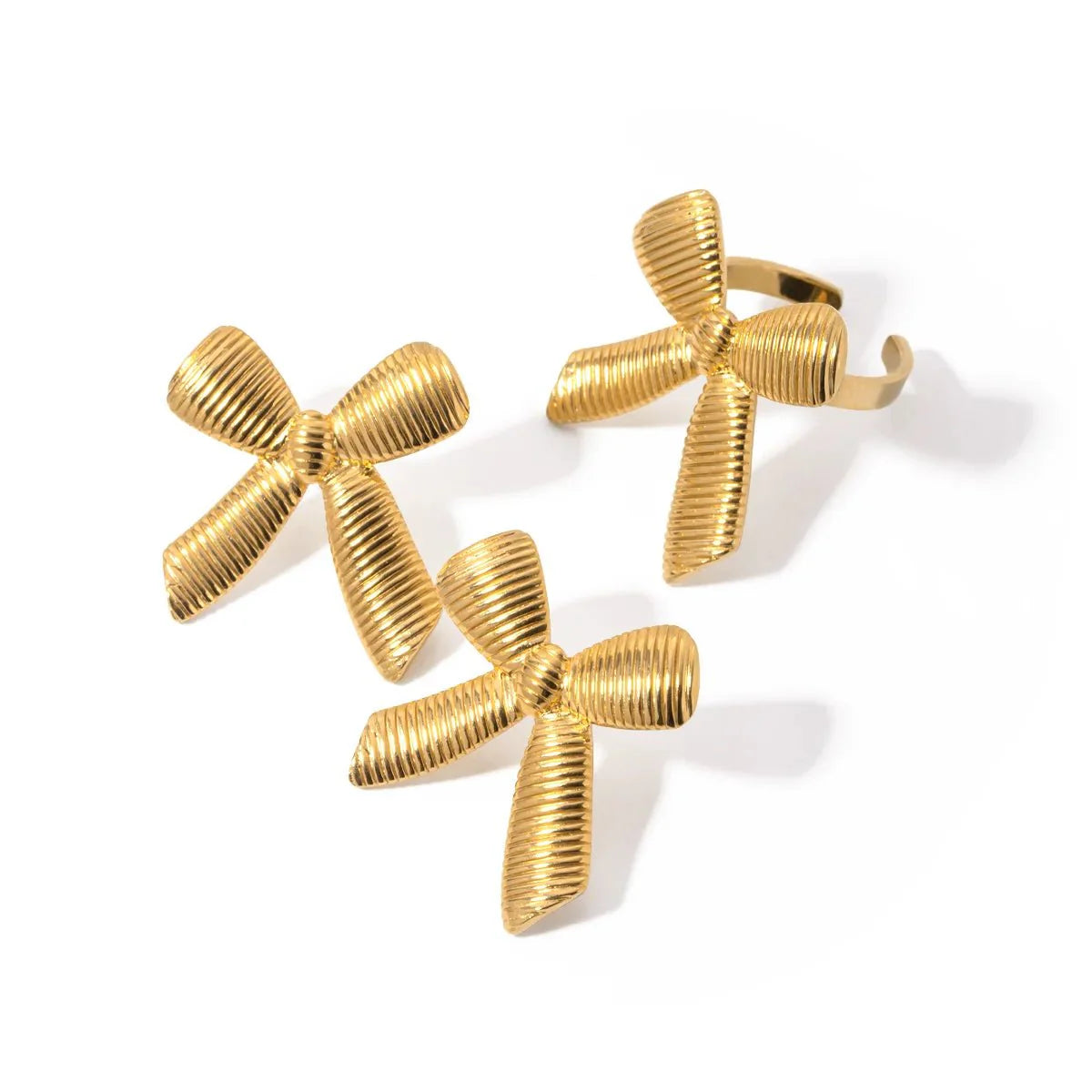 Dainty Striped Bow Elegant Ring and Earrings - Aryomi