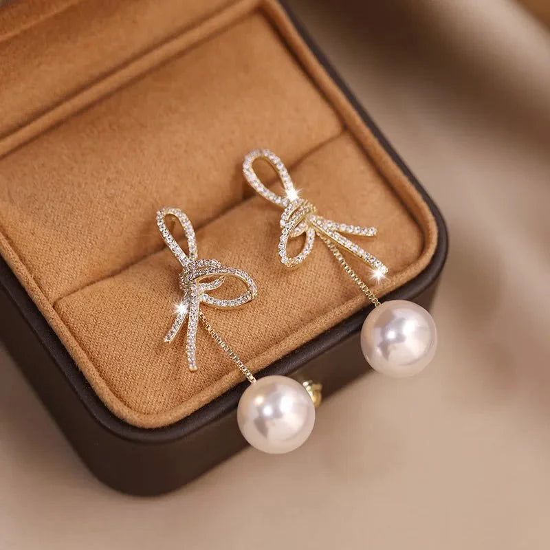 Dazzling Bowknot Pearl Drop Earrings - Aryomi