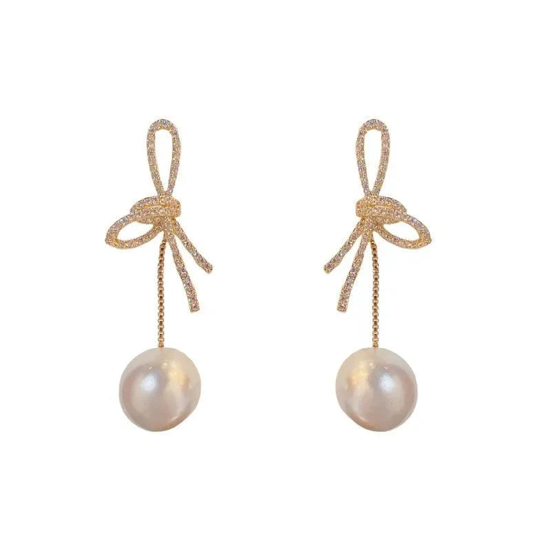 Dazzling Bowknot Pearl Drop Earrings - Aryomi