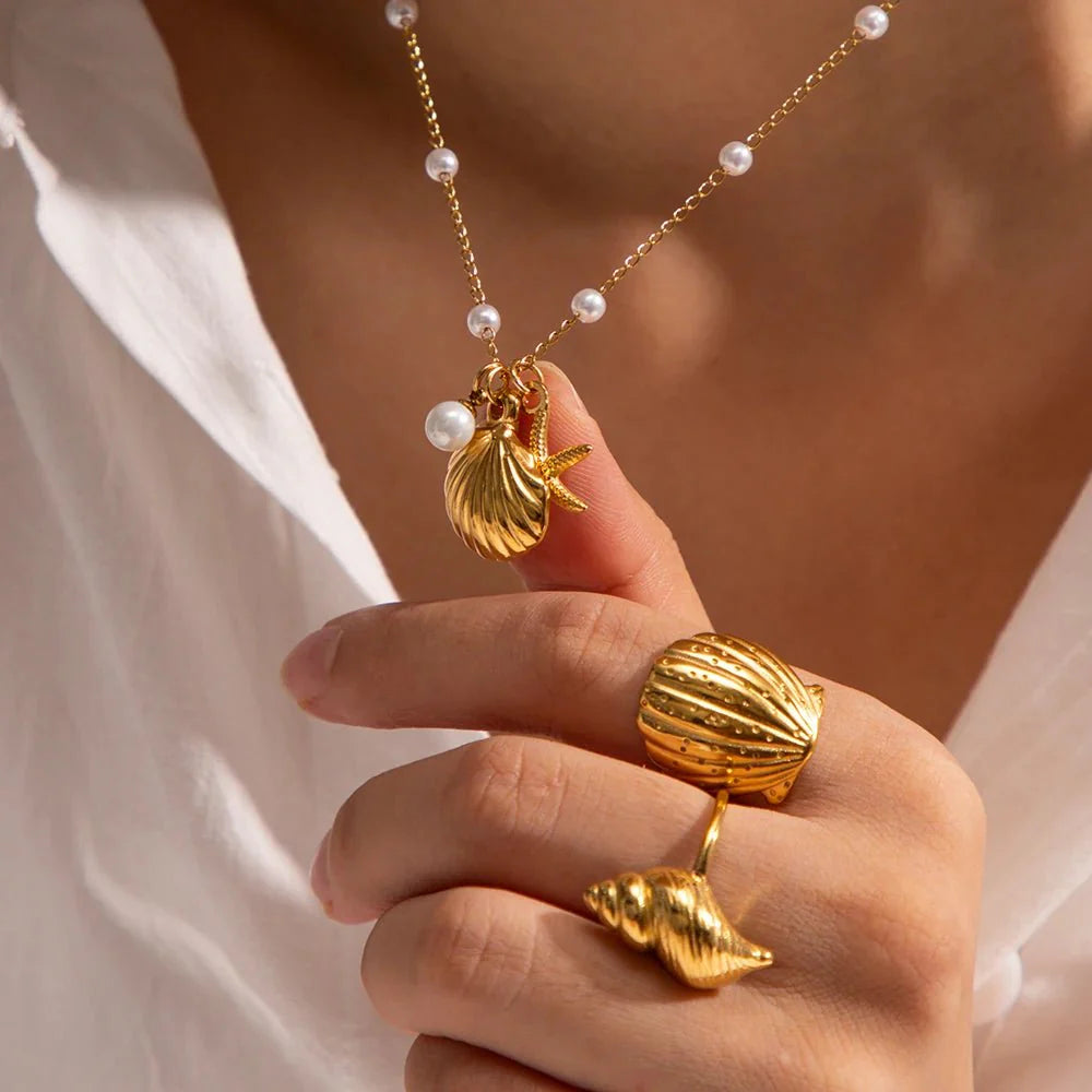 Elegant Dainty Spaced Pearl Seashell Necklace - Aryomi