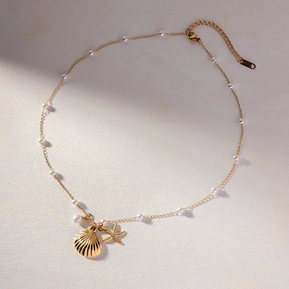 Elegant Dainty Spaced Pearl Seashell Necklace - Aryomi