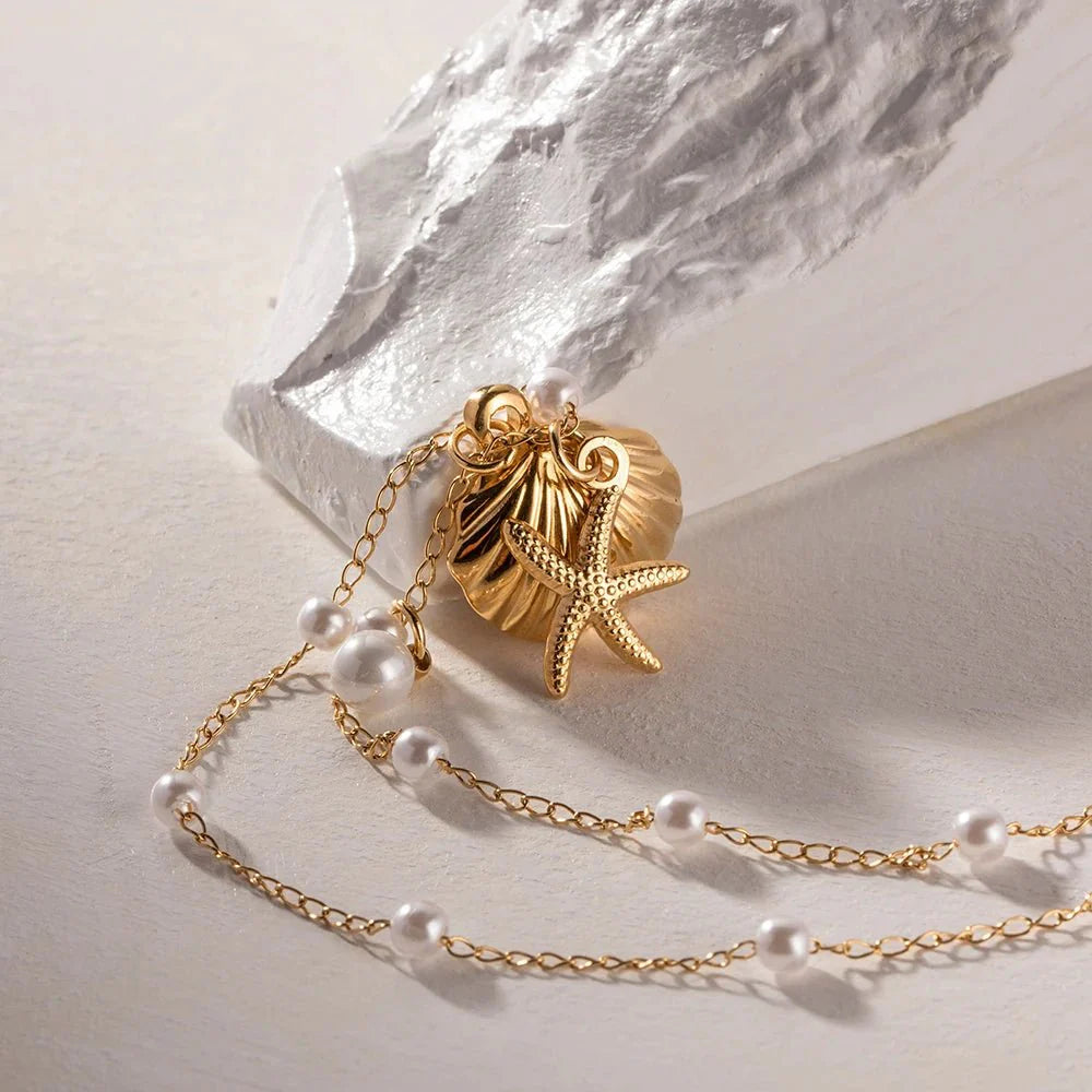 Elegant Dainty Spaced Pearl Seashell Necklace - Aryomi