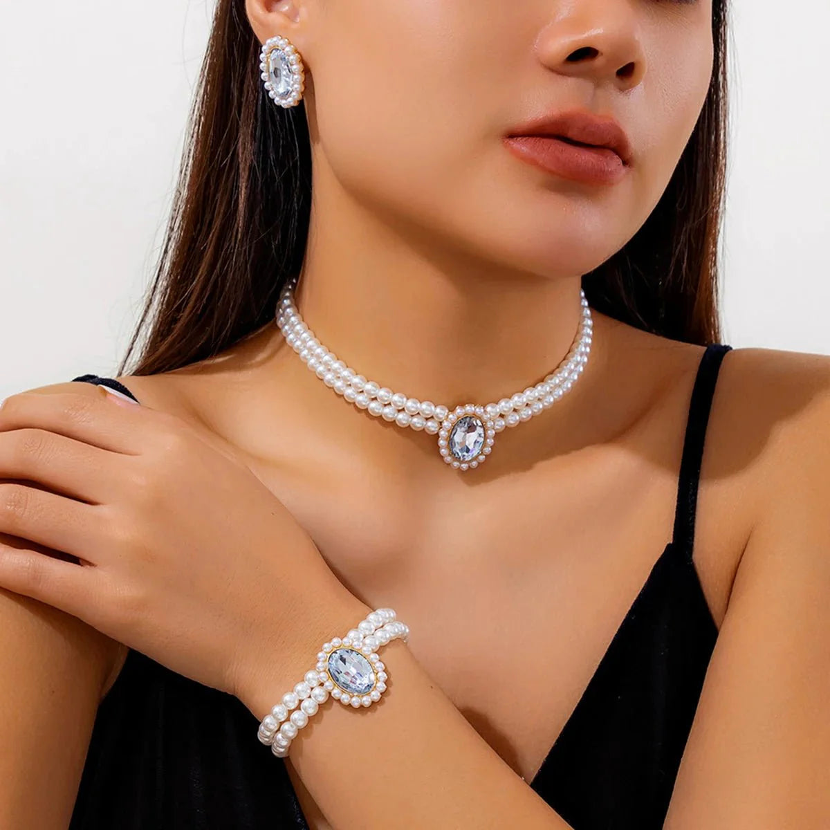 Elegant Oval Diamond Pearl Necklace, Bracelet, Earrings Set - Aryomi
