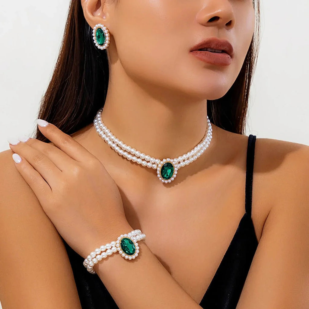 Elegant Oval Diamond Pearl Necklace, Bracelet, Earrings Set - Aryomi