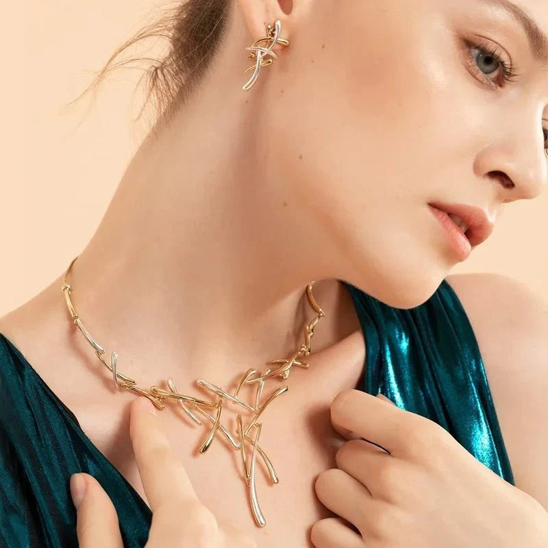 Elegant Two - Tone Branch Cross Necklace and Earring Set - Aryomi