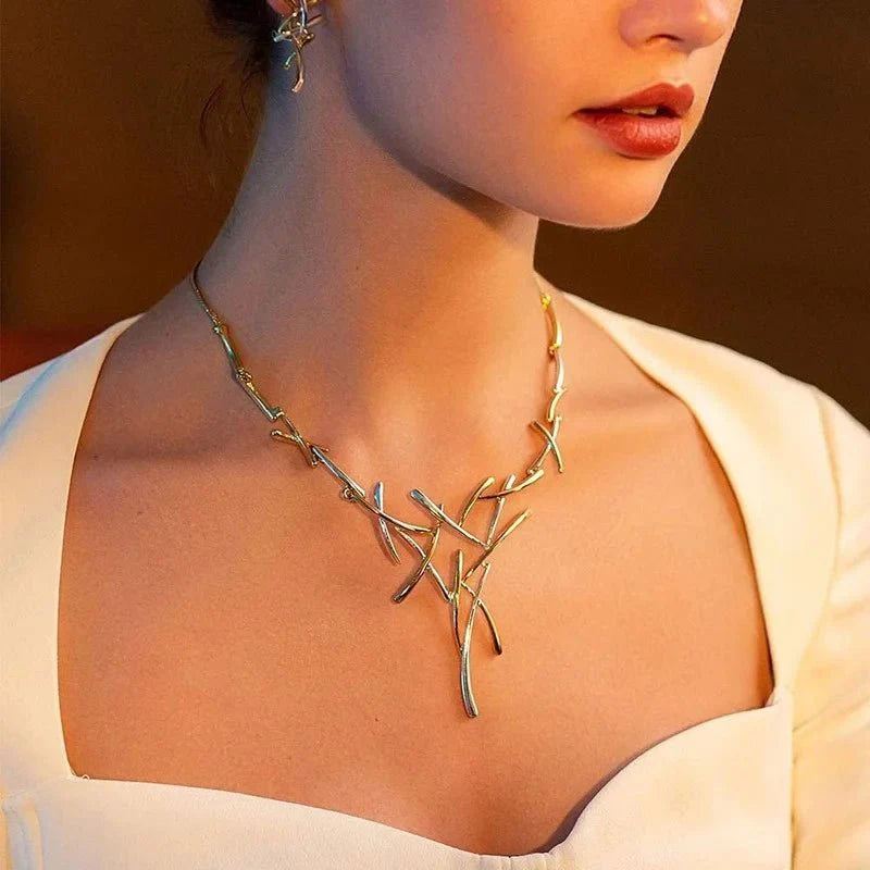 Elegant Two - Tone Branch Cross Necklace and Earring Set - Aryomi