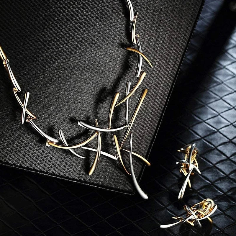 Elegant Two - Tone Branch Cross Necklace and Earring Set - Aryomi