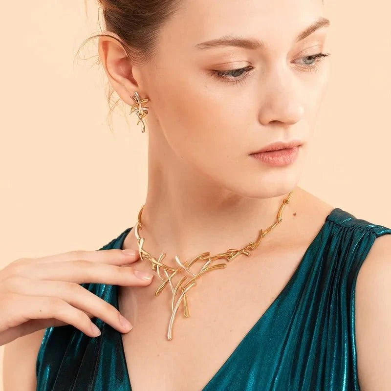 Elegant Two - Tone Branch Cross Necklace and Earring Set - Aryomi