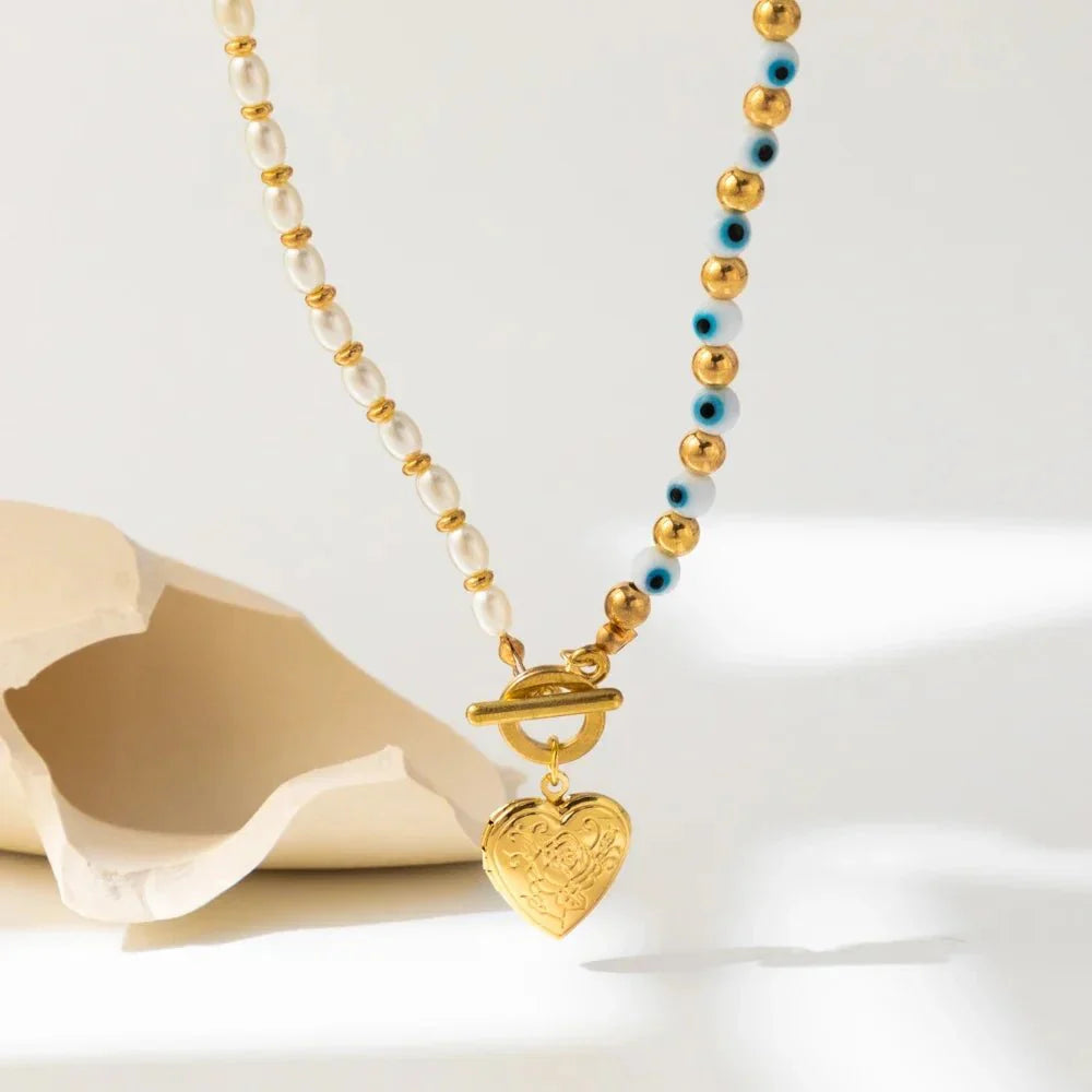Evil Eye Pearl Heart Locket Necklace - Aryomi