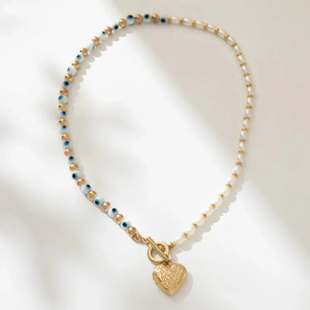 Evil Eye Pearl Heart Locket Necklace - Aryomi