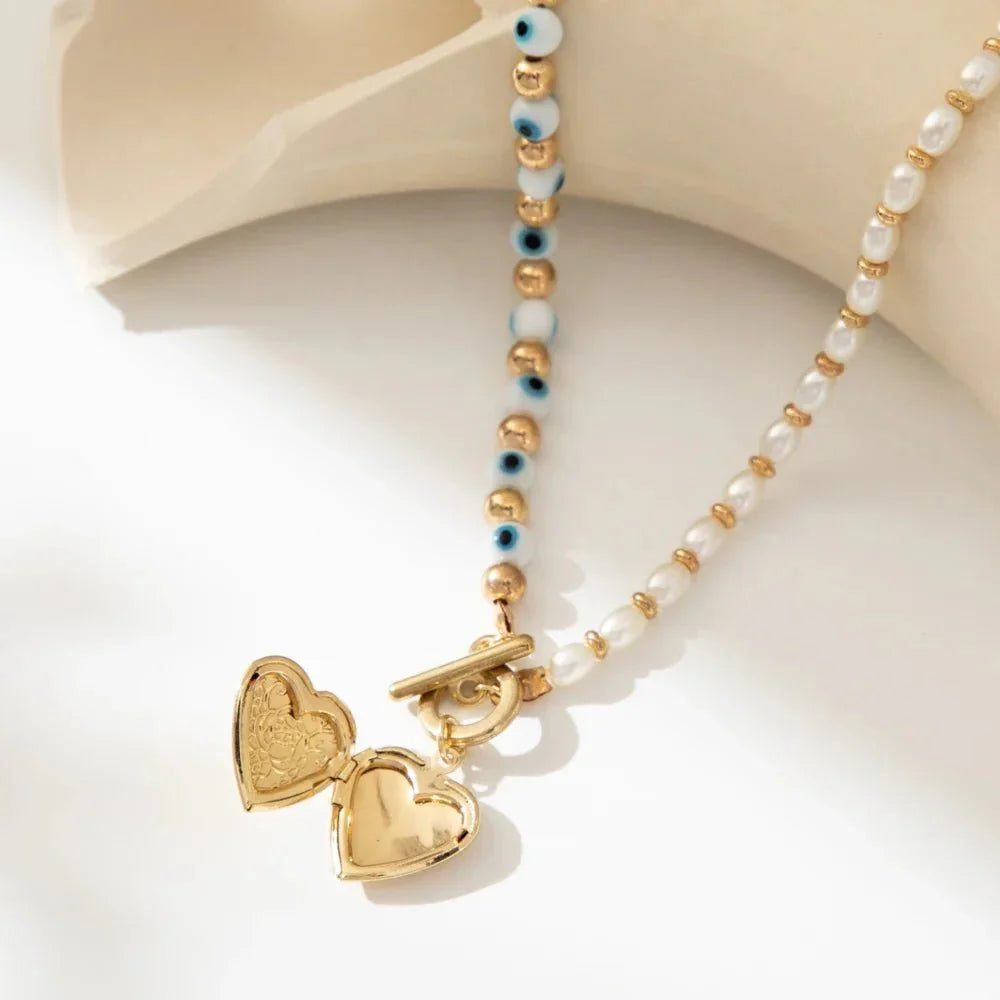 Evil Eye Pearl Heart Locket Necklace - Aryomi