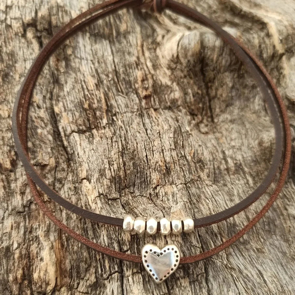 Layered Leather Heart Choker Necklace - Aryomi