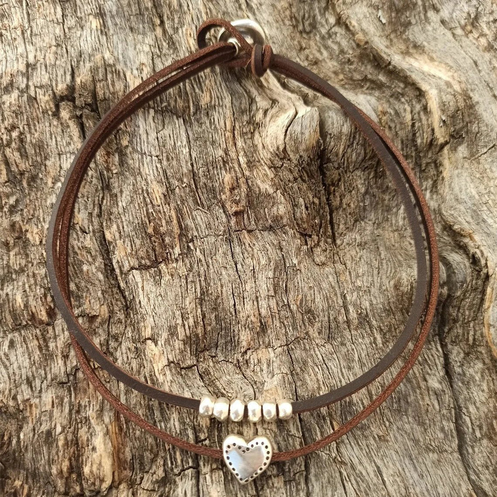 Layered Leather Heart Choker Necklace - Aryomi