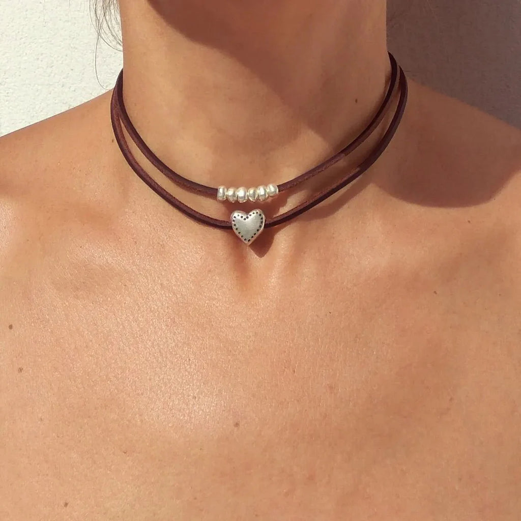 Layered Leather Heart Choker Necklace - Aryomi