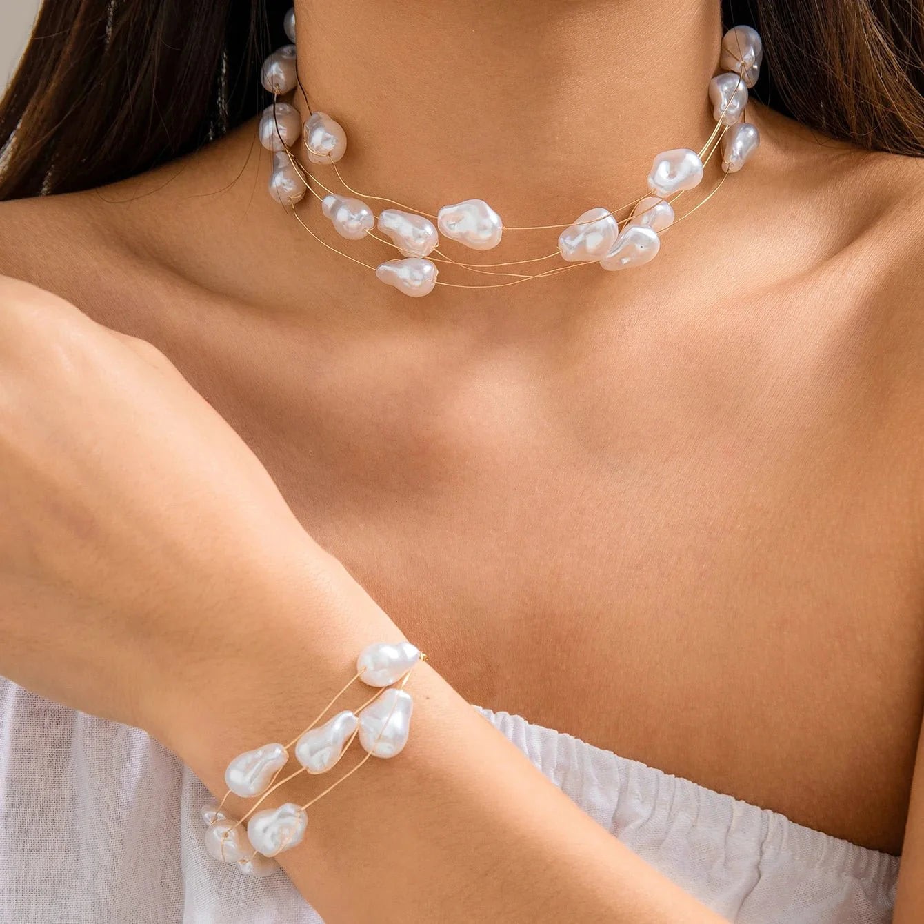 Layered Strung Pearls Bracelet and Necklace - Aryomi