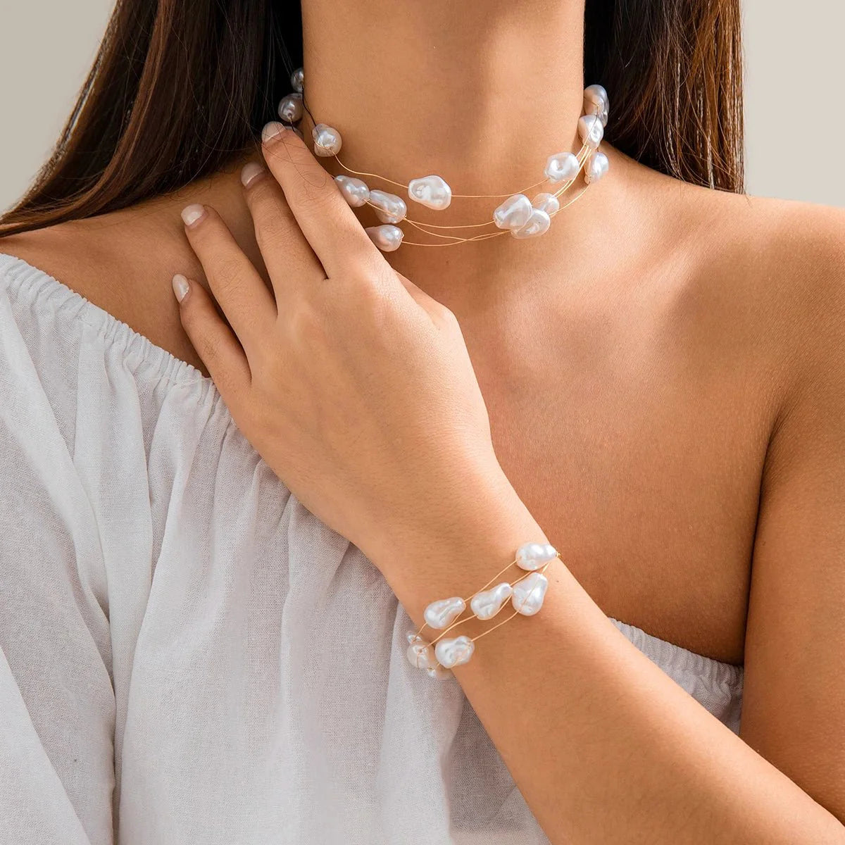 Layered Strung Pearls Bracelet and Necklace - Aryomi