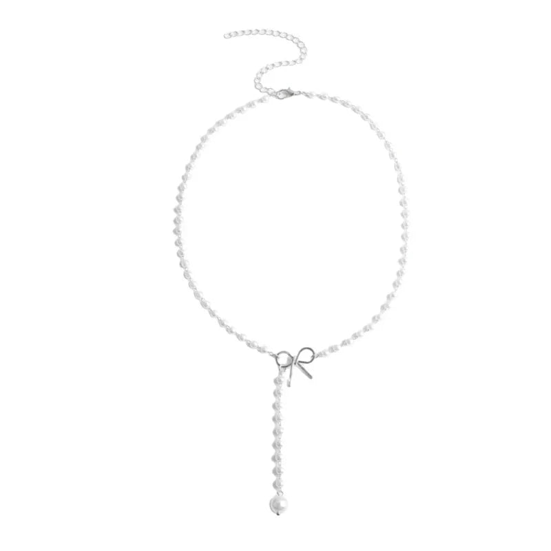 Pearl Dainty Bow Lariat Necklace - Aryomi