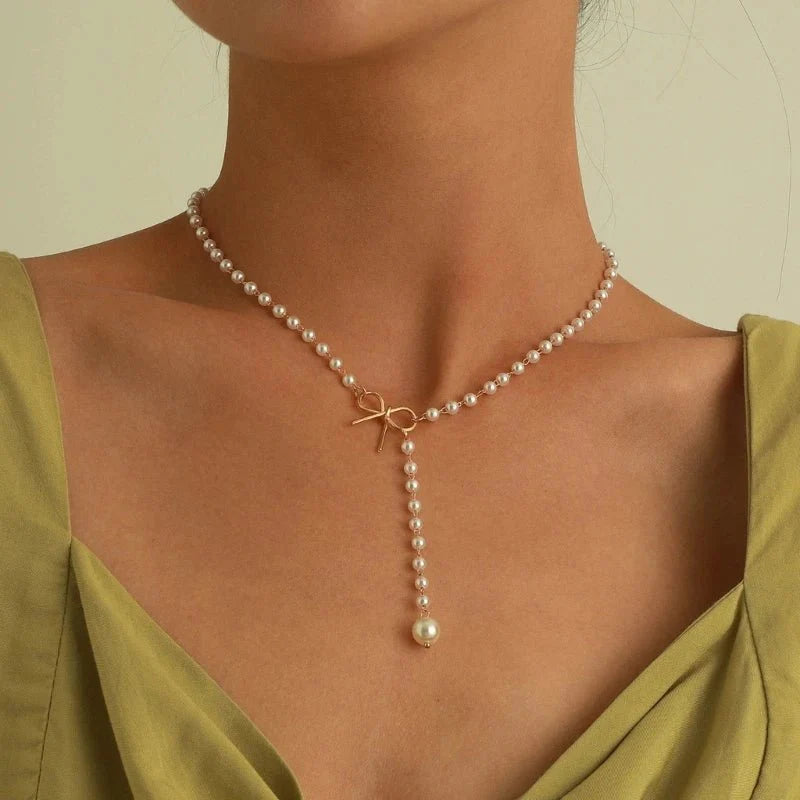 Pearl Dainty Bow Lariat Necklace - Aryomi