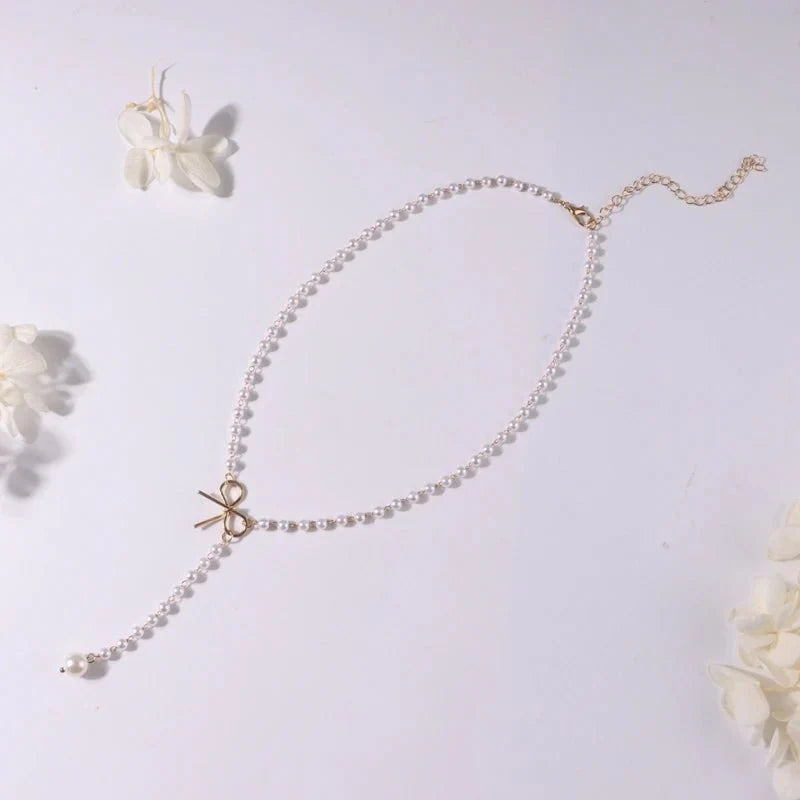 Pearl Dainty Bow Lariat Necklace - Aryomi