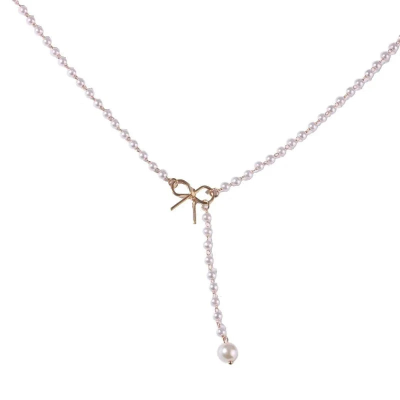 Pearl Dainty Bow Lariat Necklace - Aryomi