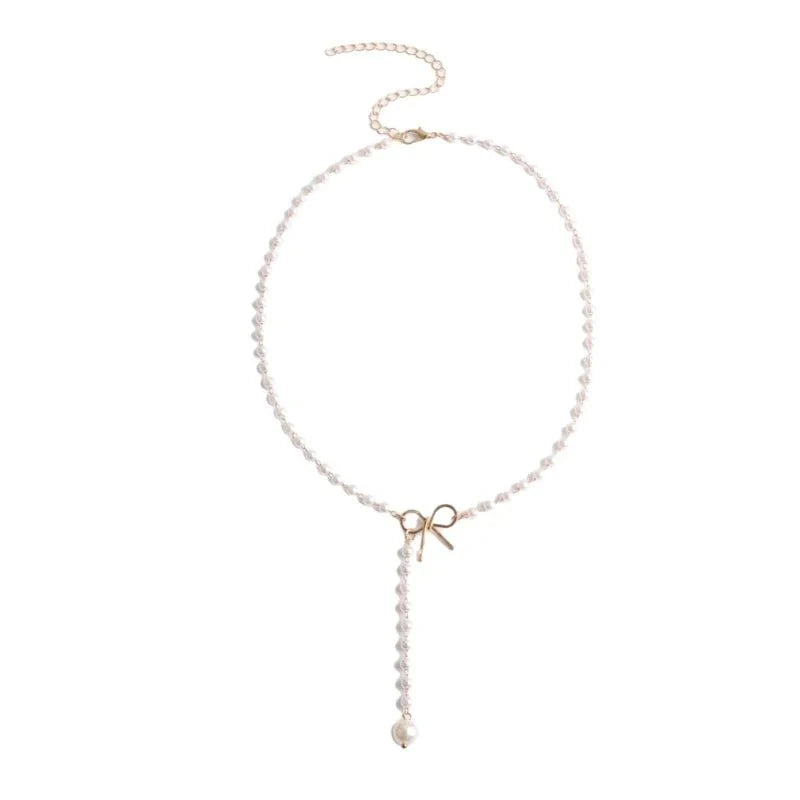 Pearl Dainty Bow Lariat Necklace - Aryomi
