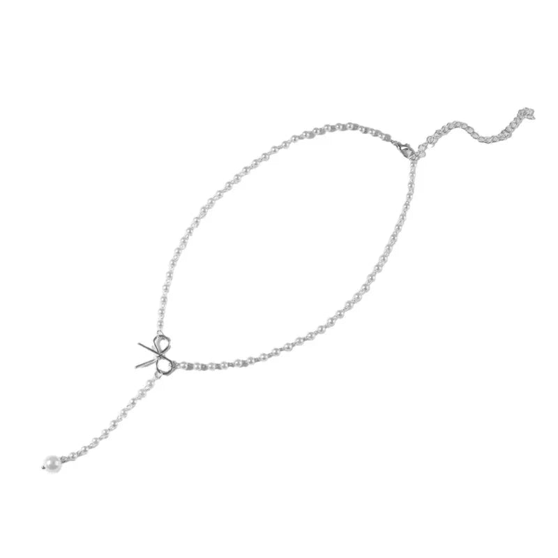 Pearl Dainty Bow Lariat Necklace - Aryomi
