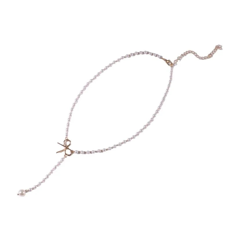 Pearl Dainty Bow Lariat Necklace - Aryomi