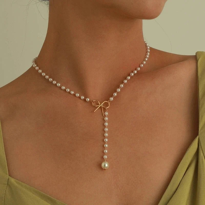 Pearl Dainty Bow Lariat Necklace - Aryomi
