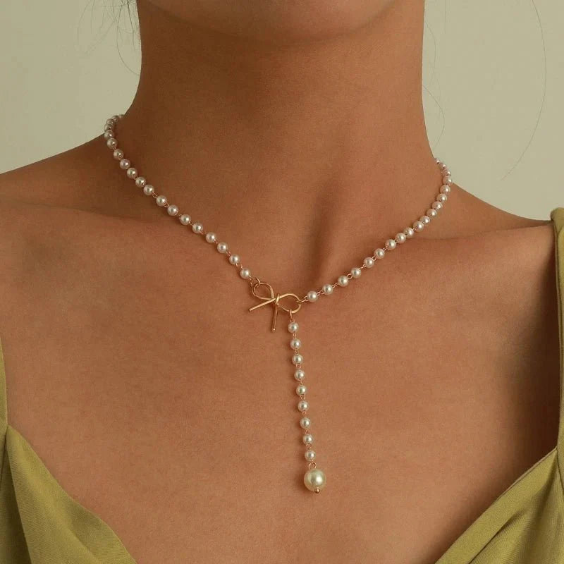 Pearl Dainty Bow Lariat Necklace - Aryomi
