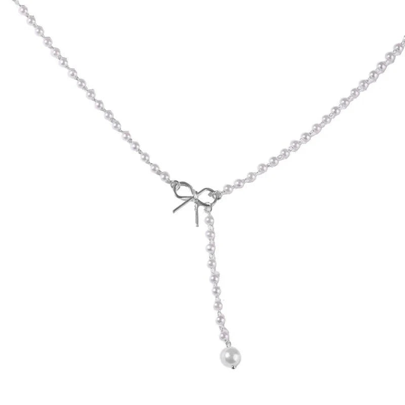 Pearl Dainty Bow Lariat Necklace - Aryomi